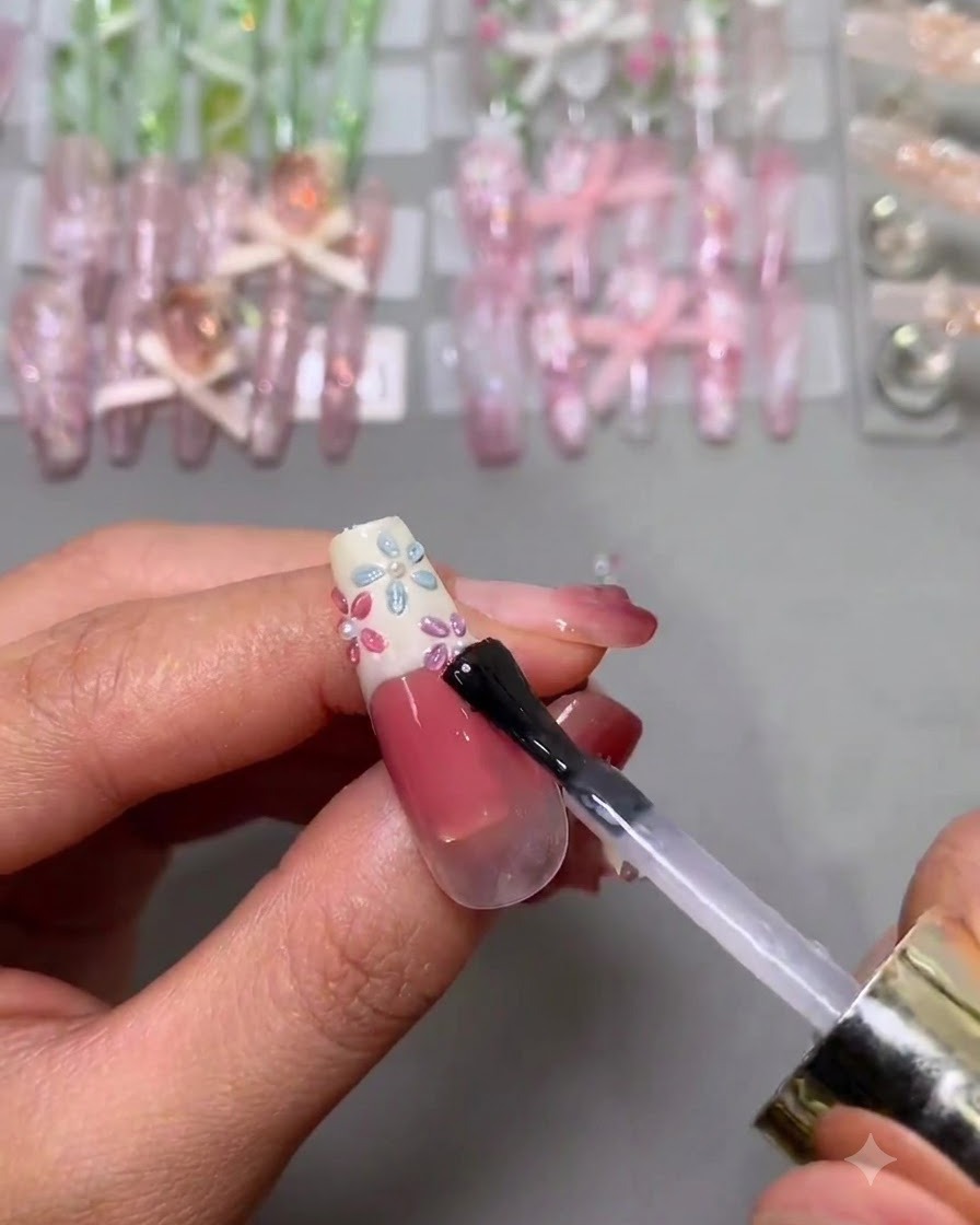 Un pennello applica uno strato finale di top coat lucido trasparente su ununghia completata e decorata con fiori e perle.