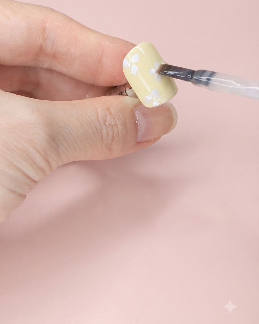 Un pennello per unghie che applica un top coat opaco sopra la nail art con fiori bianchi su ununghia giallo pallido.