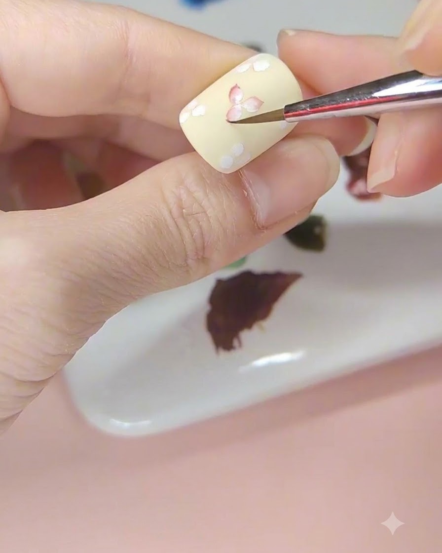 Un pennello da nail art che colora il centro di un fiore bianco con acquerello rosso su ununghia giallo pallido.