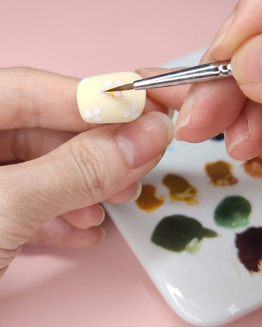 Un pennello fine da nail art che tampona dellacquerello azzurro sulla superficie di ununghia manicure giallo pallido.