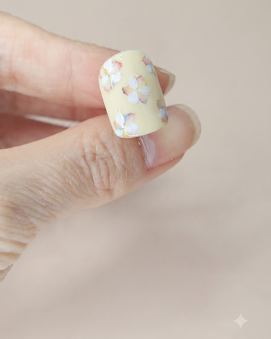 Una superficie dellunghia rivestita con un fresco strato di top coat opaco, che mostra la morbida nail art floreale strutturata.