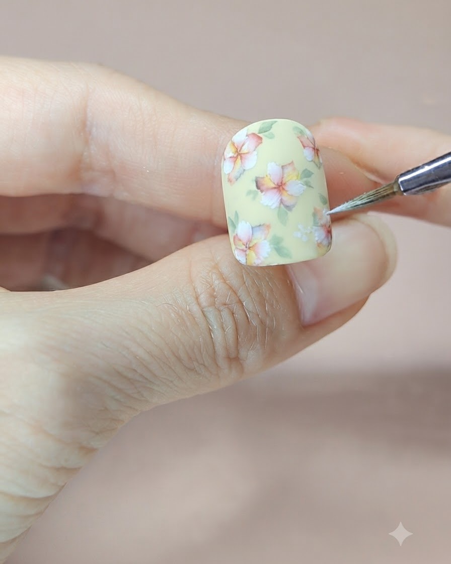Una nail artist che rifinisce i bordi delle foglie verdi e aggiunge piccoli punti bianchi al centro sulla nail art floreale finita.