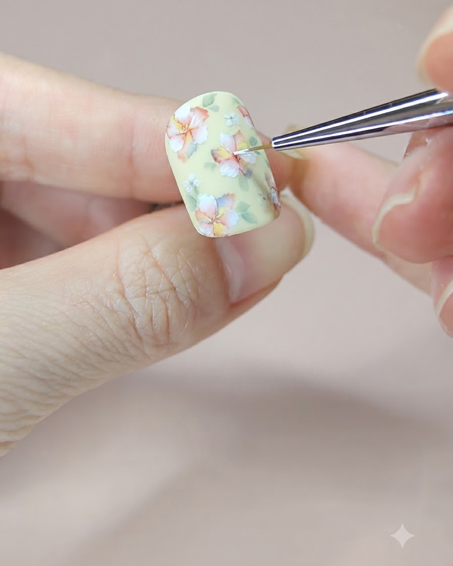 Un pennello fine da nail art che posiziona un punto di gel bianco al centro di un fiore dipinto.