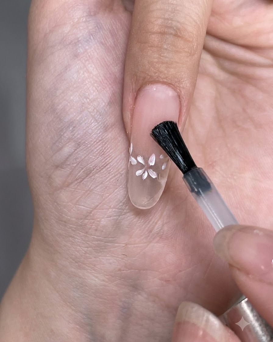 Un pennello che applica uno strato di top coat opaco su una tip trasparente con piccoli fiori bianchi dipinti.