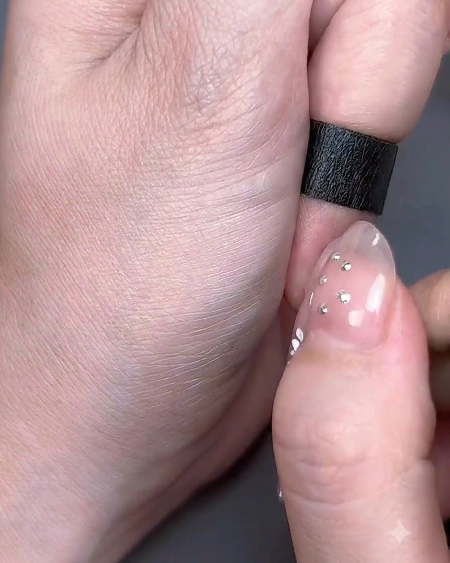 Una mano che lavora su dettagli di nail art intricati su ununghia con punta trasparente.