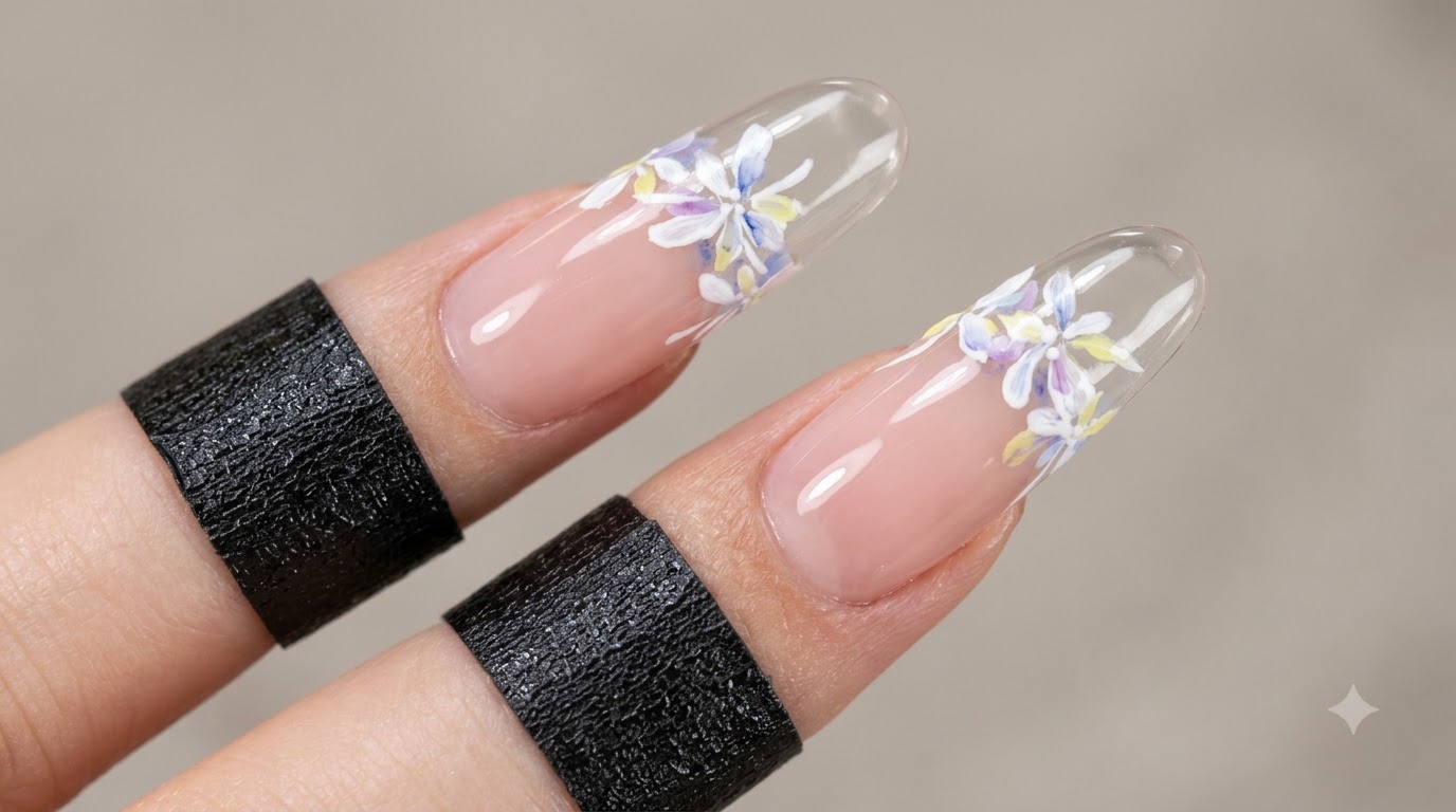 French Manicure Trasparente con Nail Art Floreale ad Acquerello Stratificata