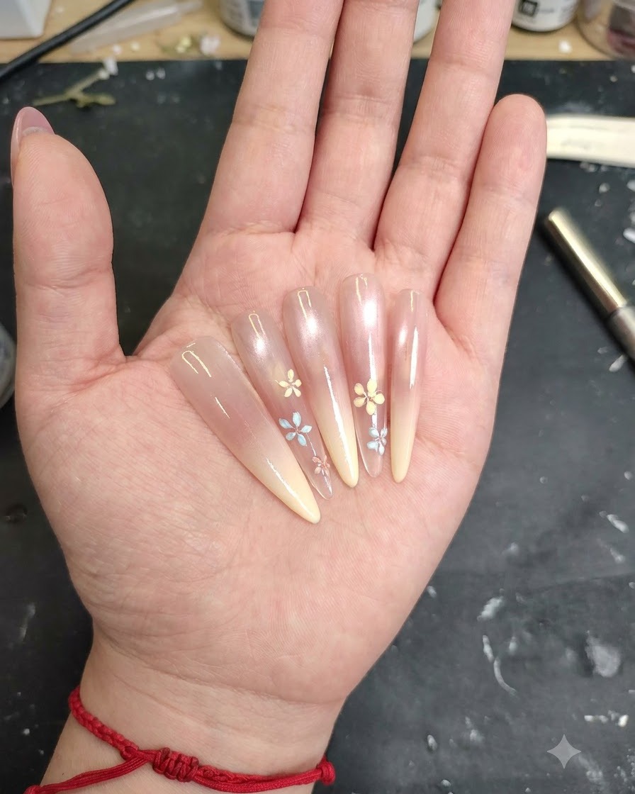 Un pennello che applica una mano di base in gel trasparente sulla superficie dellunghia.