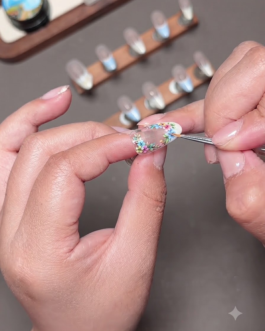 Primo piano di un pennello fine per nail art che rifinisce i bordi di una piccola decorazione floreale su ununghia press-on.