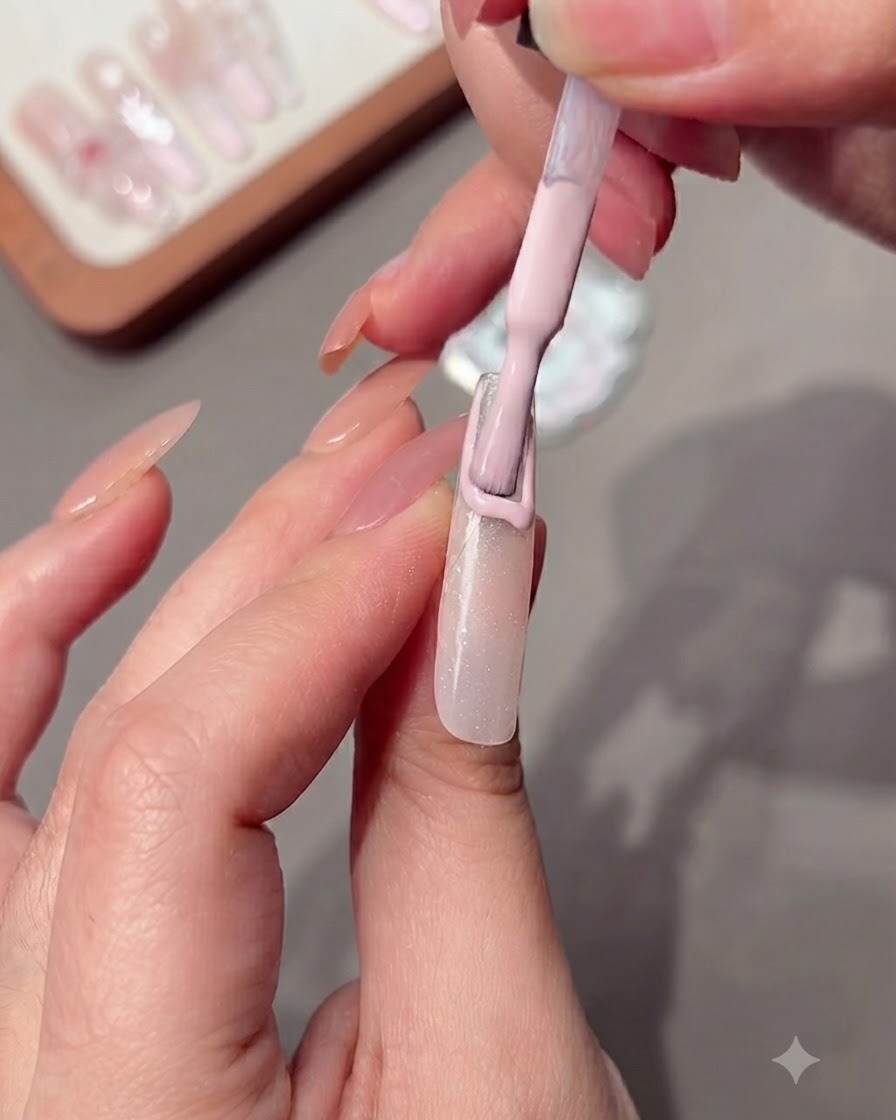 Smalto gel rosa nude applicato lungo ladesivo guida.