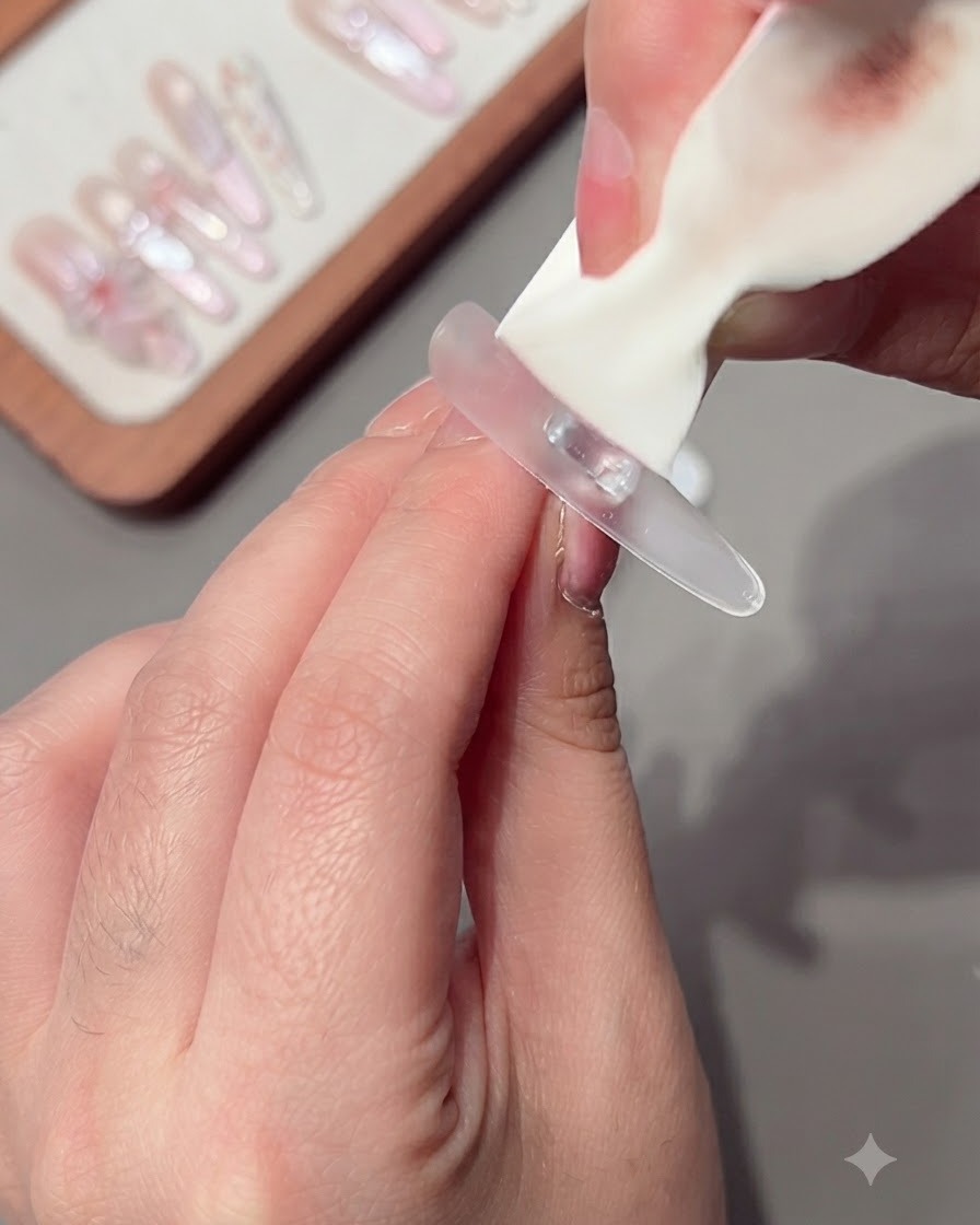 Una mano che utilizza un pad per rimuovere il gel in eccesso da ununghia sagomata.