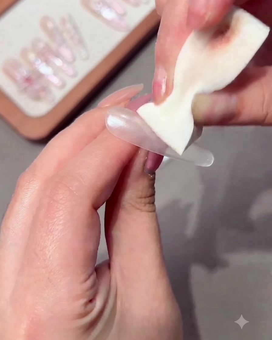 Una mano che applica un gel rosa nude su metà di una lunga unghia.