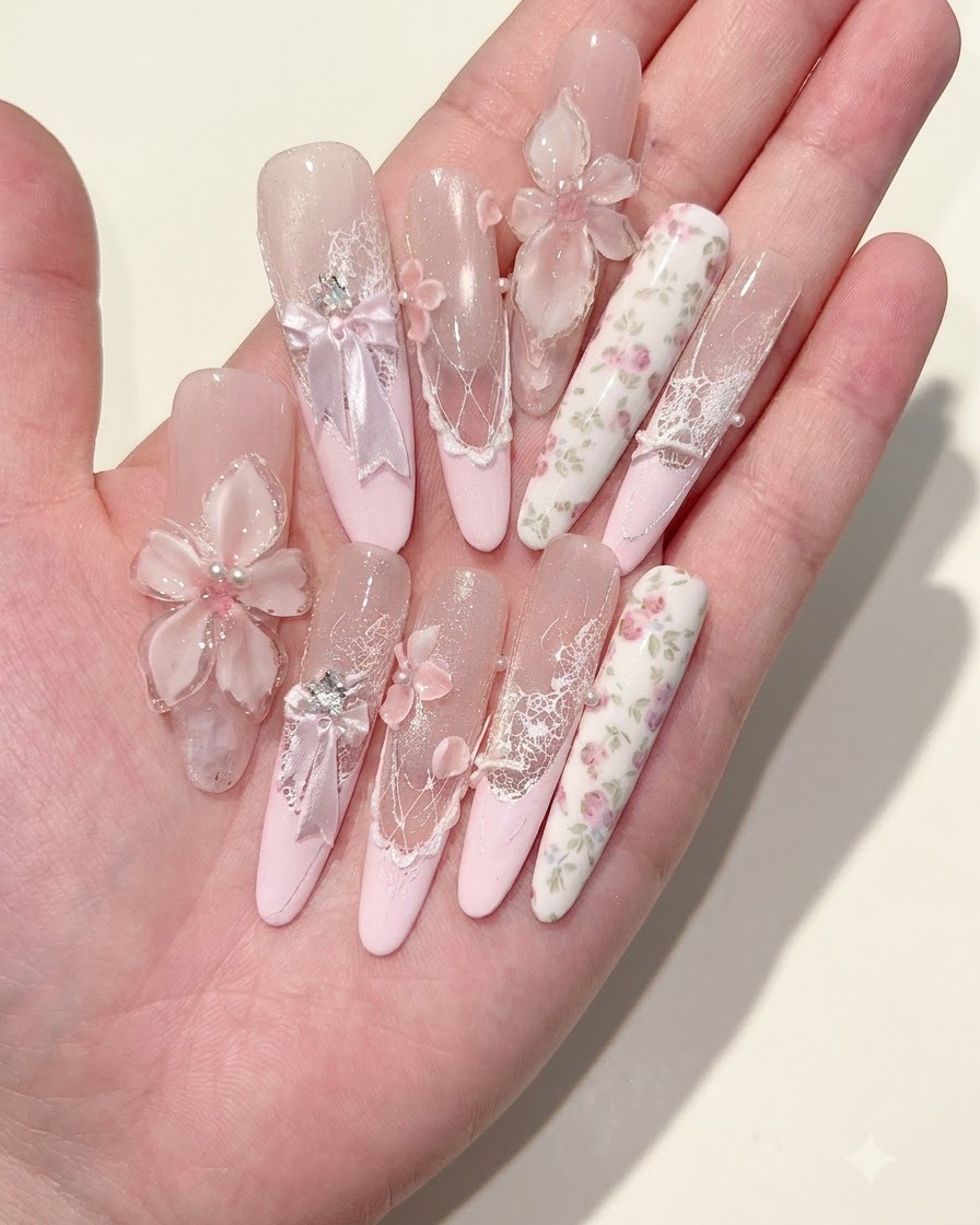 Una mano che tiene lunghe unghie decorate finite con dettagli floreali e fiocchi texturizzati.