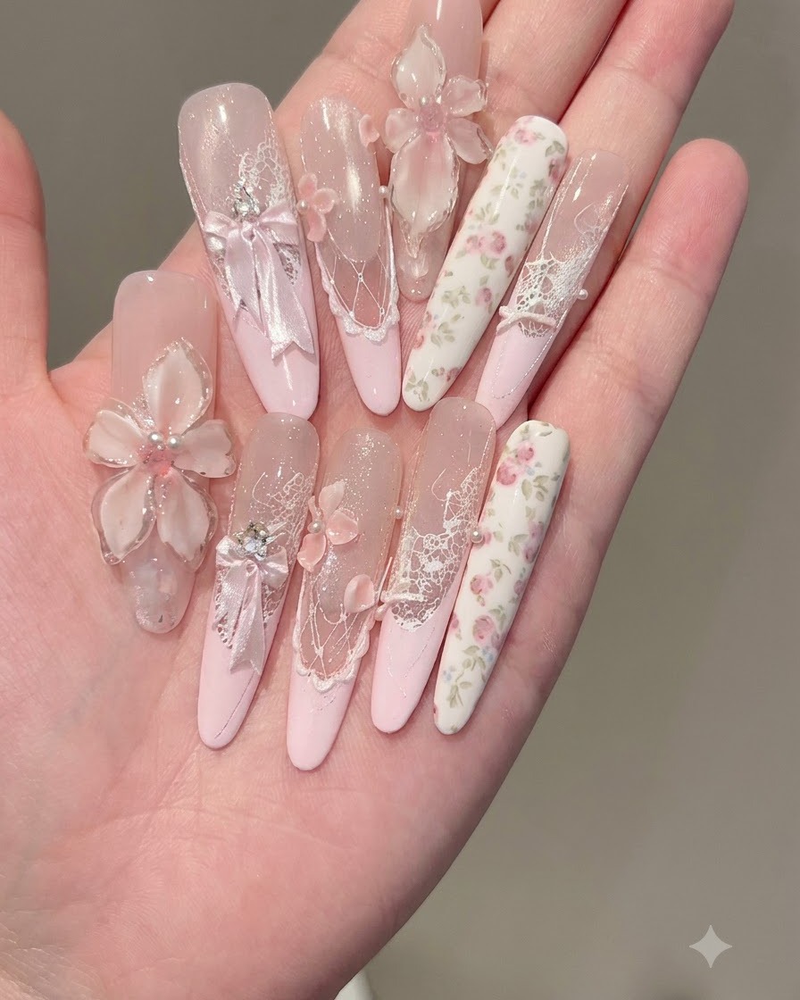 Una mano che impugna una lima rosa, levigando la superficie di una lunga unghia finita.