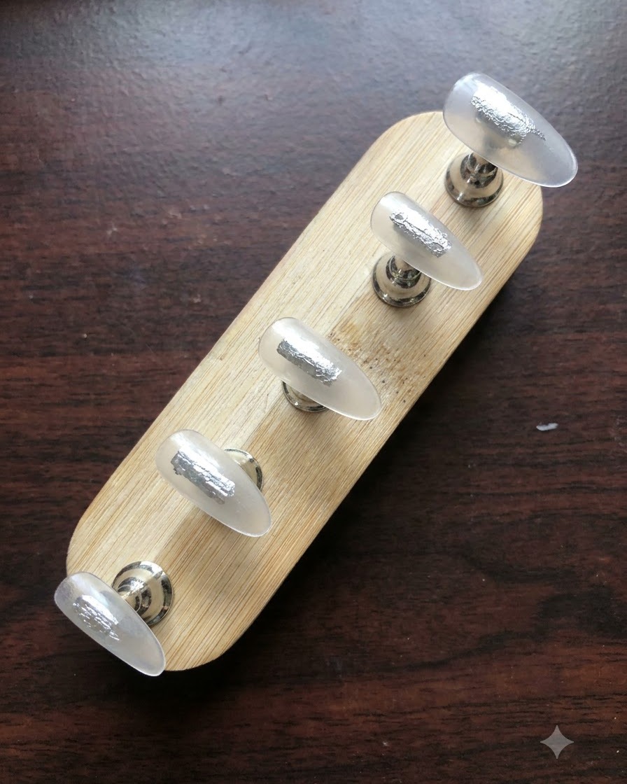 Cinque tip di unghie finte trasparenti fissate saldamente su un supporto in legno con stucco adesivo argentato.