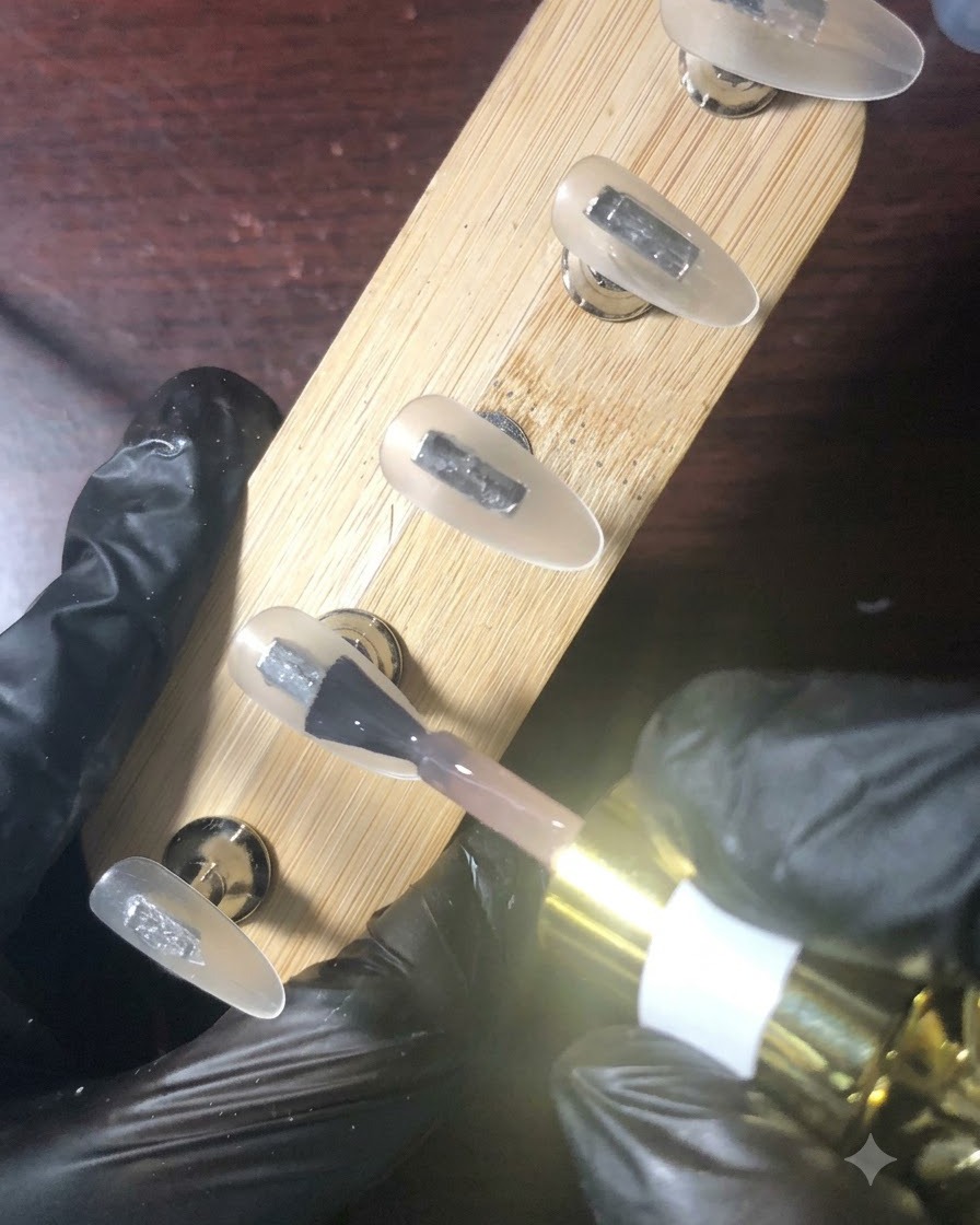 Un primo piano di un pennello che applica smalto gel giallo brillante sulla punta di ununghia finta.