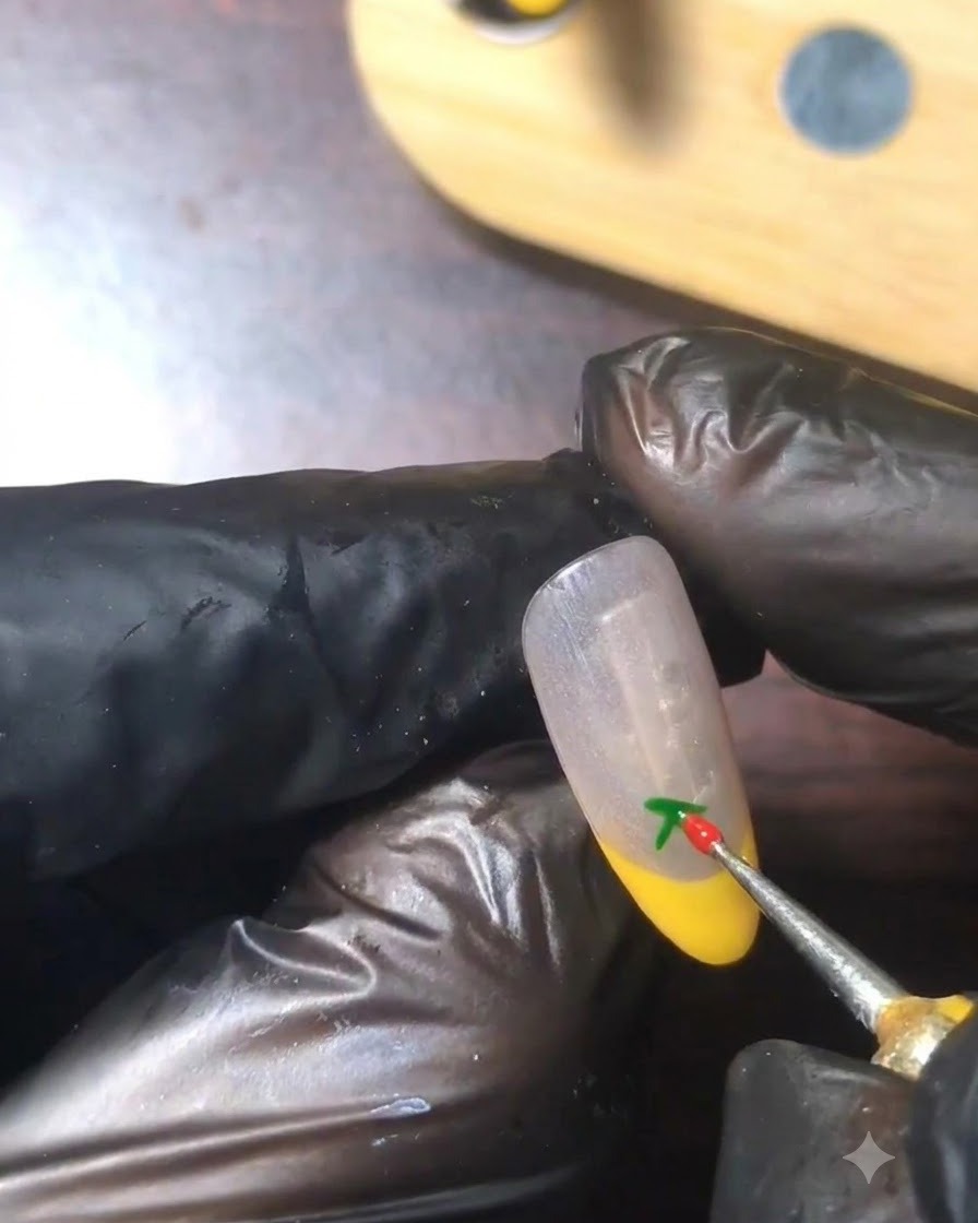 Uno strumento che posiziona due piccoli punti rossi alla base dello stelo verde per formare le ciliegie.