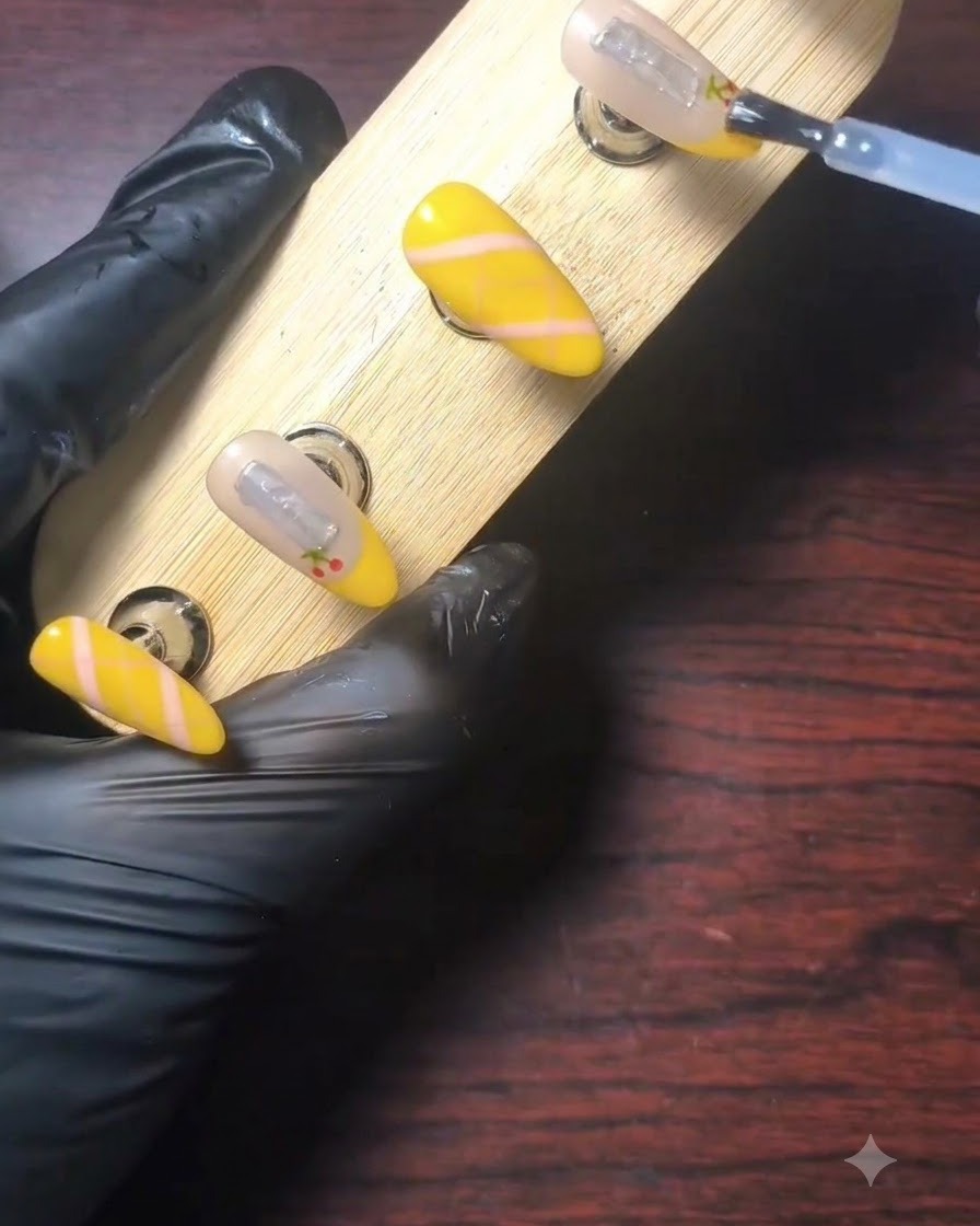 Una mano guantata che utilizza un pennello per applicare un top coat trasparente e lucido sopra ununghia decorata con French gialla su un supporto in legno.