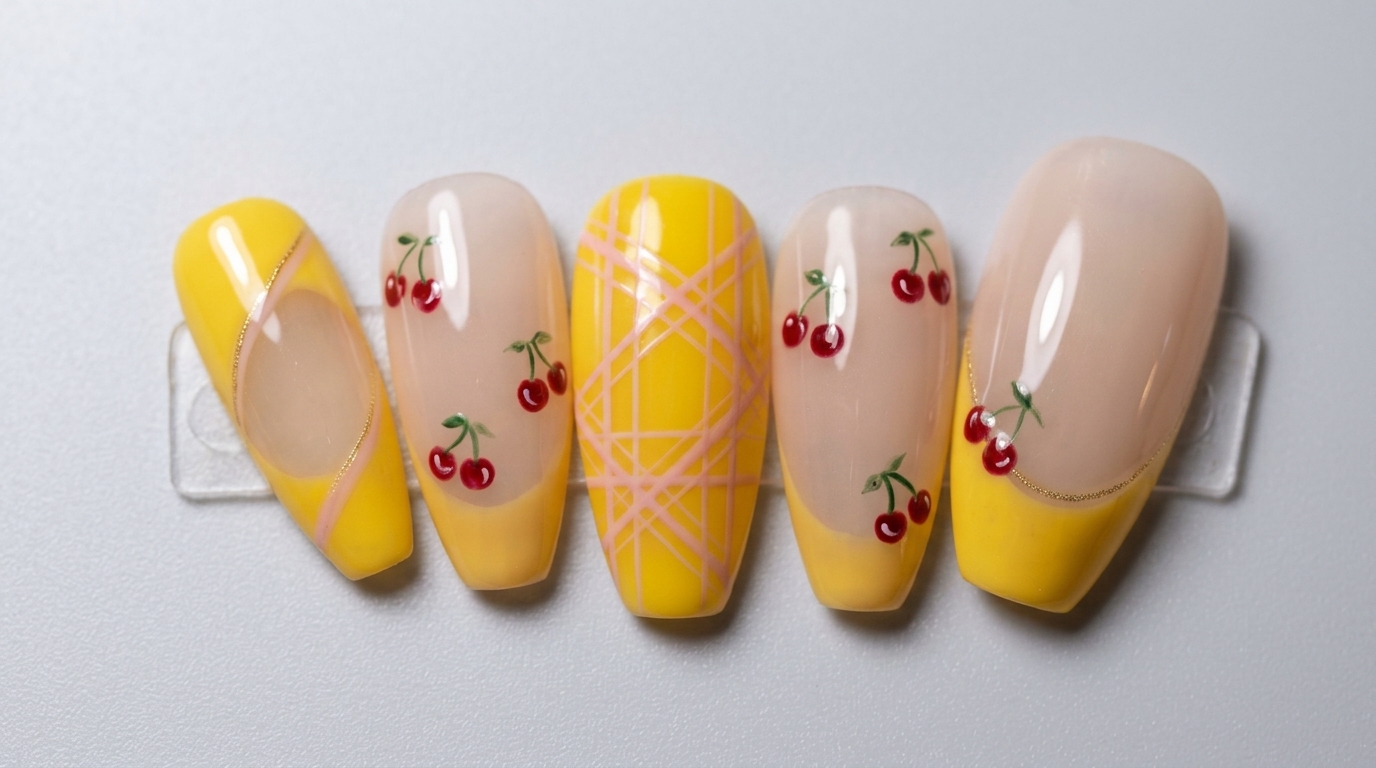 French Manicure Gialla con Motivo Scozzese e Ciliegie — Tutorial Passo per Passo per Unghie Press-On