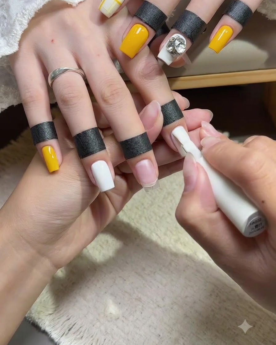 Un pennello per unghie che applica uno strato liscio di smalto gel bianco coprente sullunghia del dito medio.
