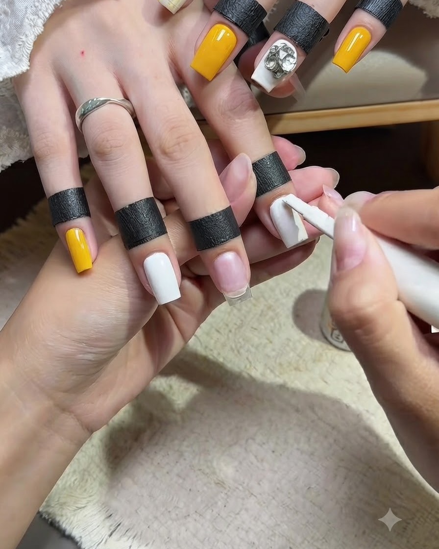Unonicotecnica che applica smalto gel bianco coprente su ununghia lunga quadrata dellanulare, mentre le altre unghie presentano un colore giallo pieno.