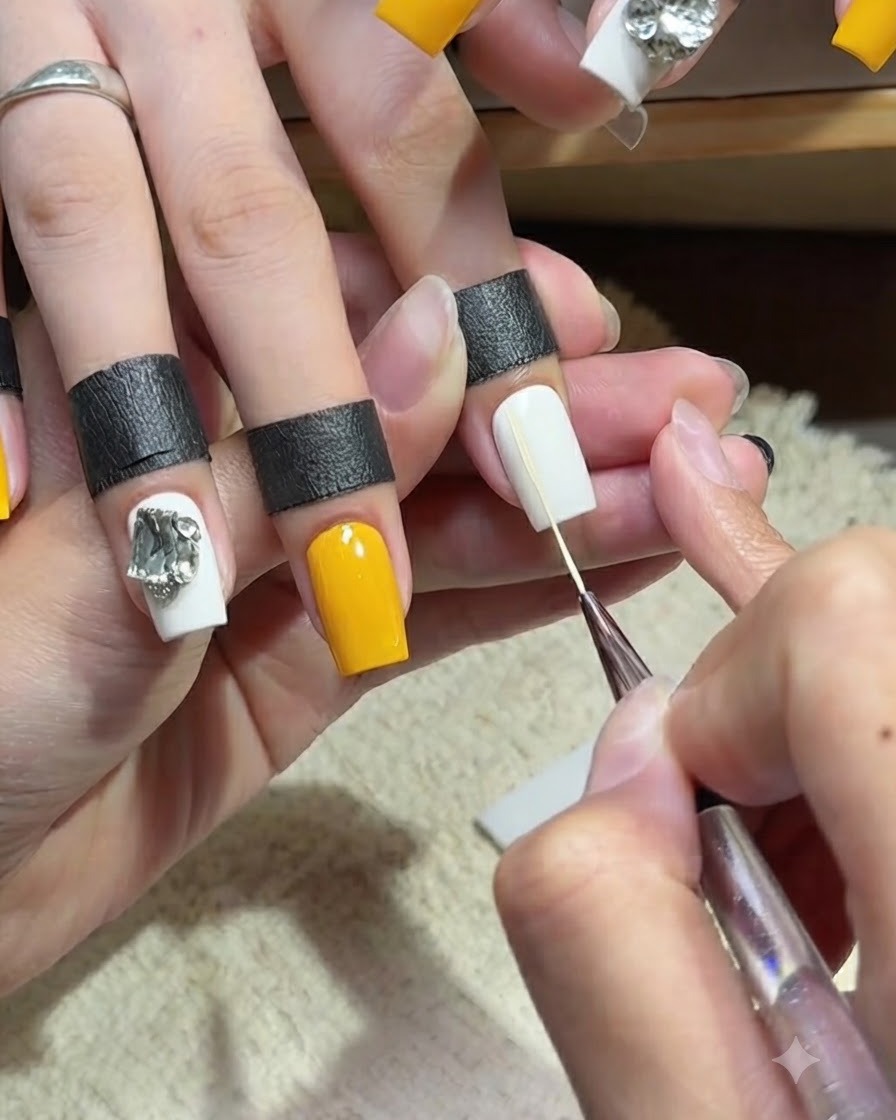 Un pennello fine per nail art che dipinge una sottile striscia gialla su ununghia bianca dellanulare.