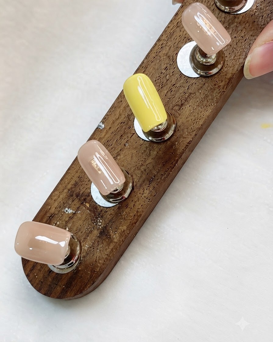 Tip per unghie che mostrano secondi strati lucidi e opachi di gel giallo e nudo.