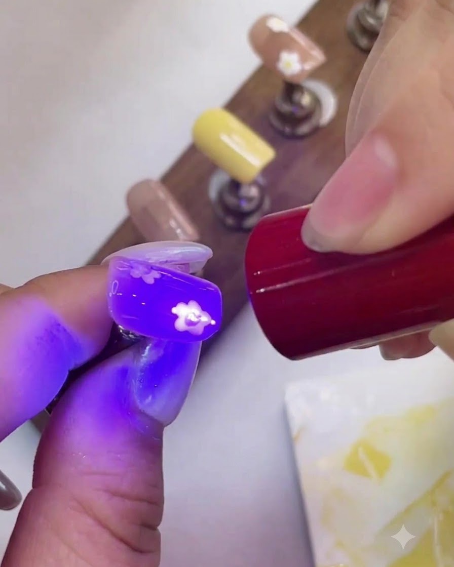 Una torcia a penna UV viola che polimerizza un centro di fiore giallo su una tip per unghie decorata.