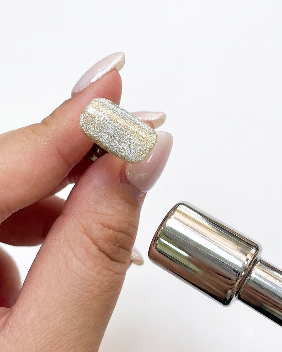 Una bacchetta magnetica in metallo tenuta vicino a una tip per unghie con gel cat-eye brillante per allineare le particelle magnetiche.