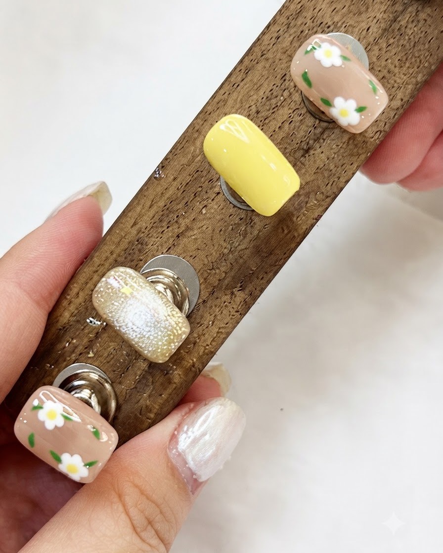 Un set completo di tip per nail art floreali e cat-eye finite montate su un supporto da esposizione in legno.