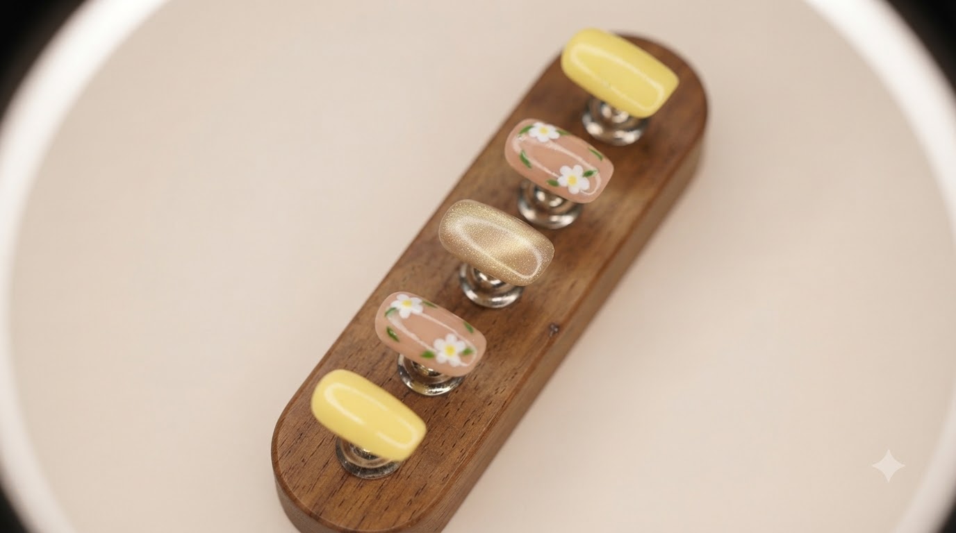 Tutorial di Nail Art Primaverile con Fiori Dipinti a Mano, Giallo Lattiginoso e Nudo