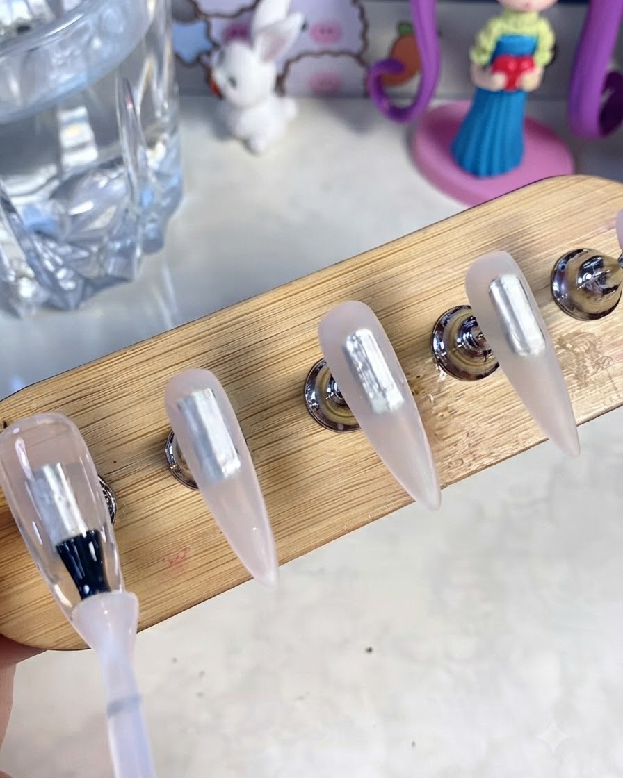 Un primo piano di un pennello per gel che applica il base gel trasparente su tips per unghie finte vuote fissate su un supporto di legno.