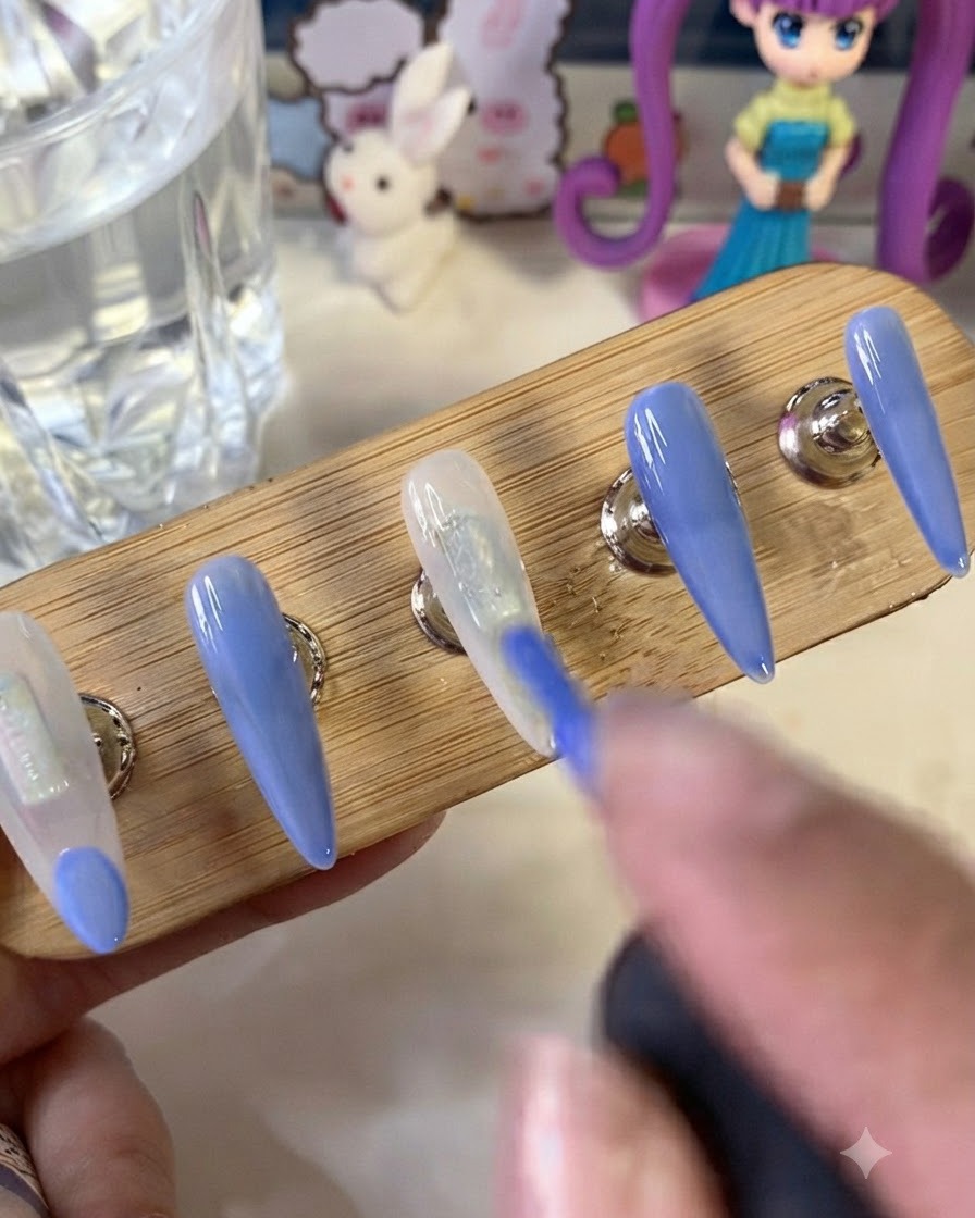 Un pennello che dipinge attivamente un vivace design French blu su una base bianco latte su una tip da pratica.