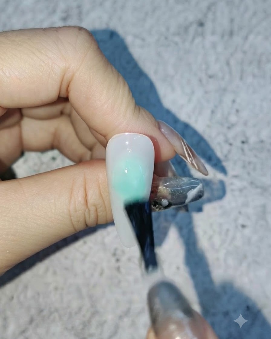 Un pennello che applica un top coat trasparente opaco su una superficie di unghia smaltata di bianco.
