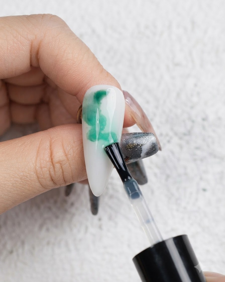 Un pennello che lascia cadere del liquido blooming verde sulla superficie dellunghia per creare forme organiche.