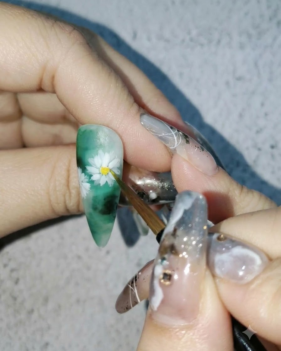 Un pennello sottile che aggiunge vernice acquerello gialla brillante al centro di un design di nail art con margherite bianche.