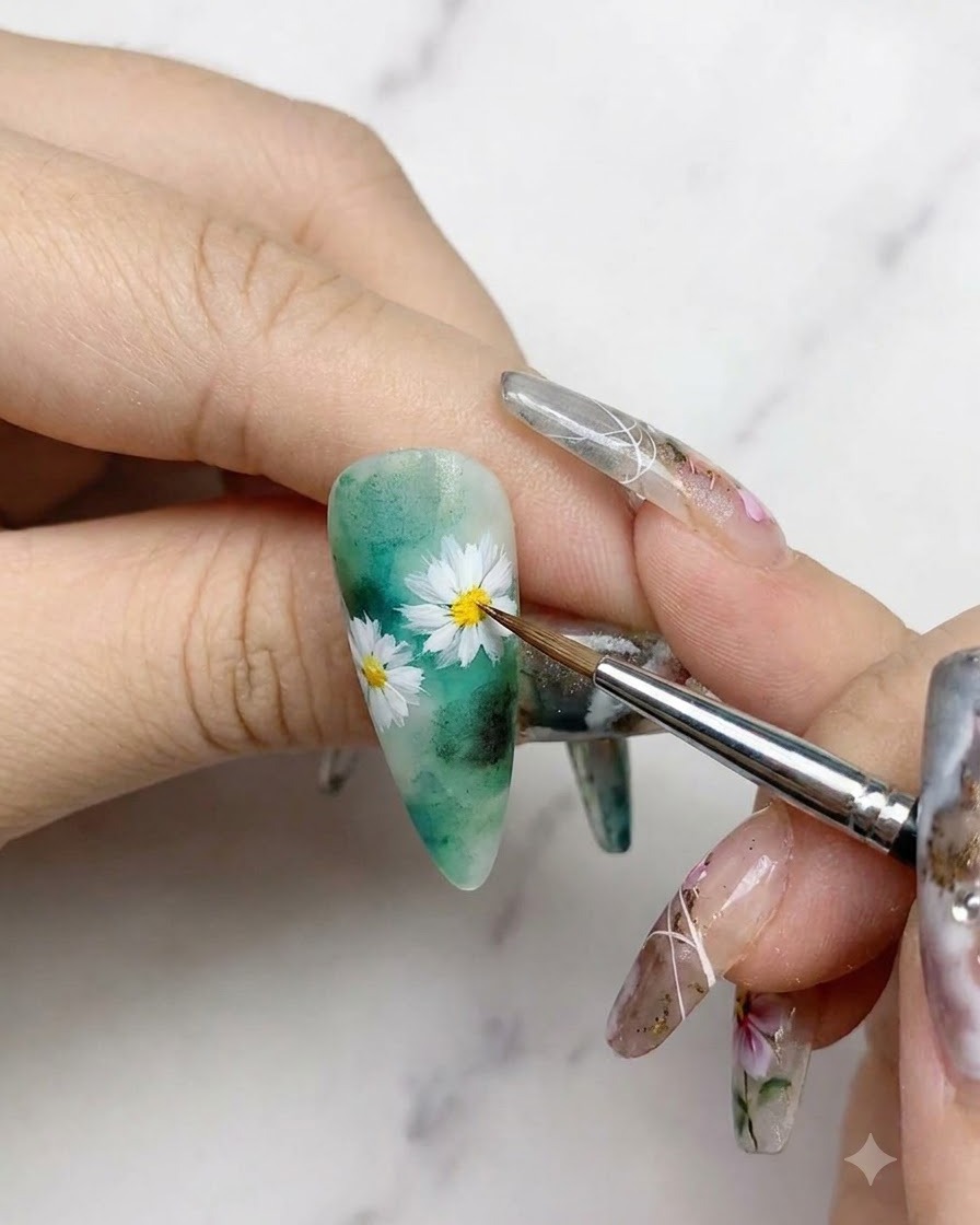 Un pennello fine per nail art che dipinge delicate foglie verdi e steli accanto a margherite bianche su uno sfondo di unghie verde acquerello.