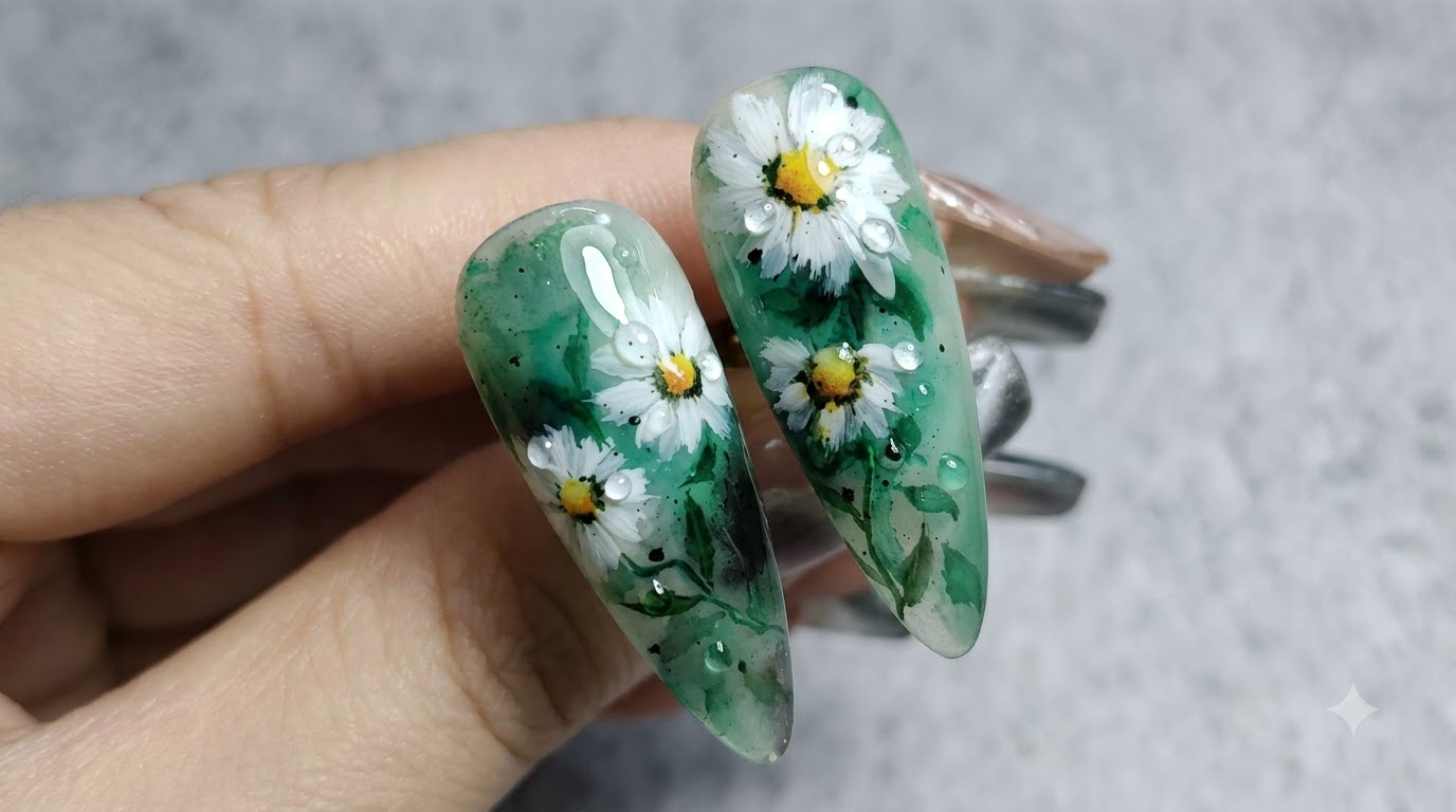 Nail Art con Piccole Margherite in Stile Ink Wash — Tutorial Passo dopo Passo