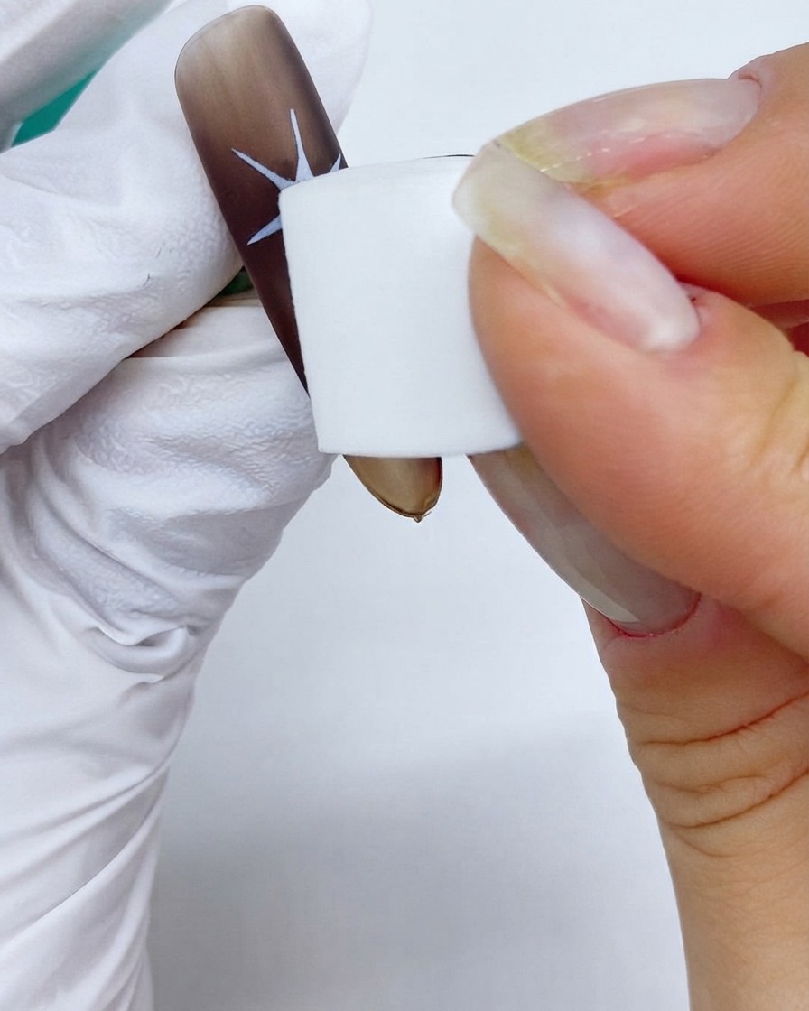 Una spugnetta da trucco che stampa motivi secondari a stella sbiaditi su ununghia opaca marrone.
