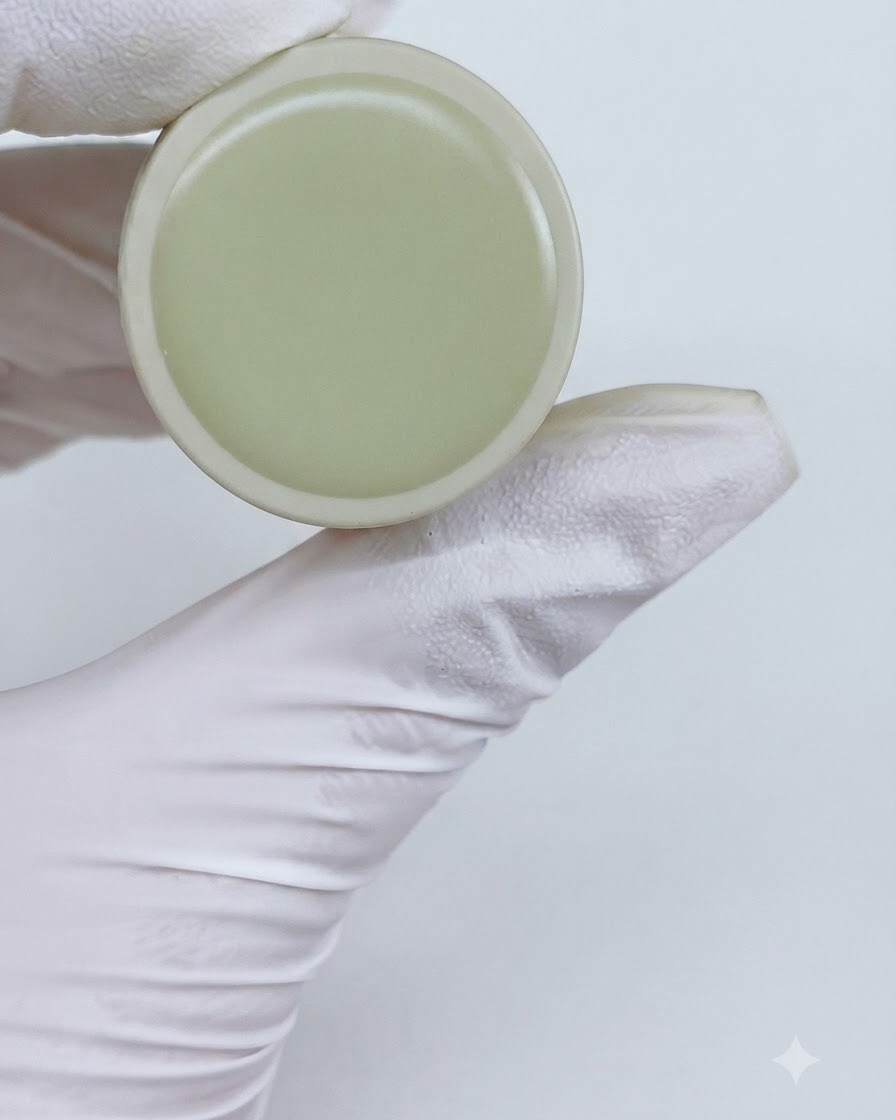 Un vasetto di gel cat eye M13 tenuto accanto a una mano con guanto.