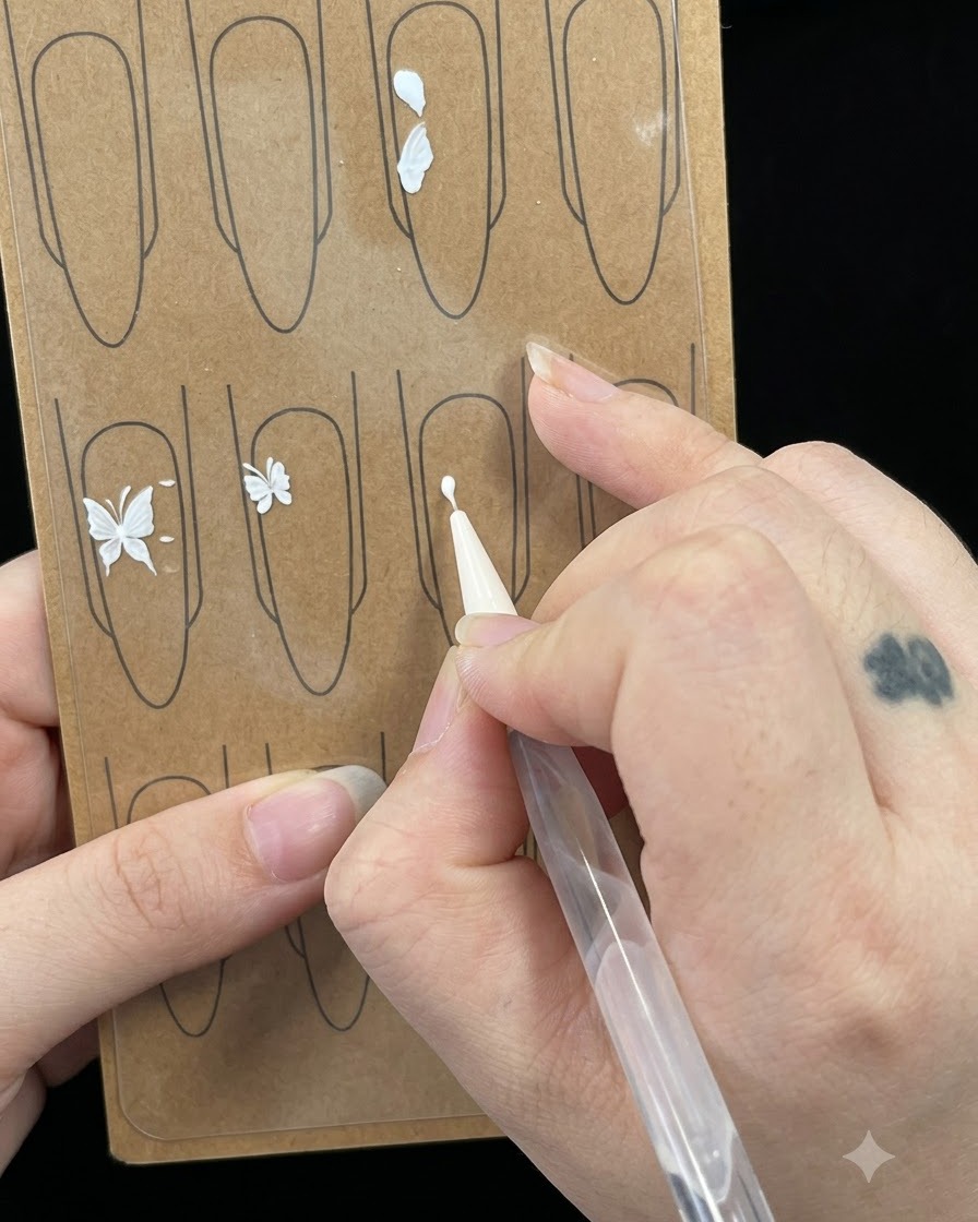 Una vista ravvicinata di un pennello liner che applica una piccola forma a sei bianca su unghia da pratica.