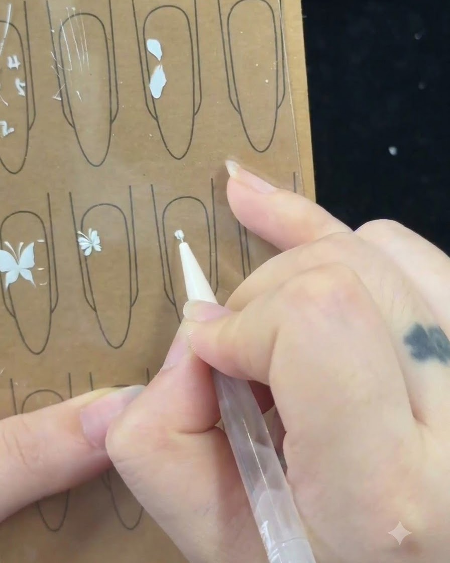 La mano di unonicotecnica che usa un pennello fine per disegnare una parentesi incrociata su un foglio di pratica.