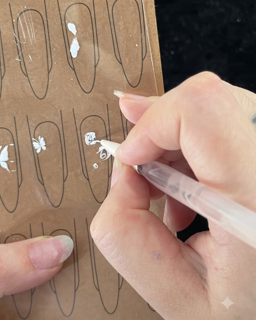 Un primo piano di un pennello da nail art che disegna un terzo tratto sottile su un petalo di rosa bianca dipinto.
