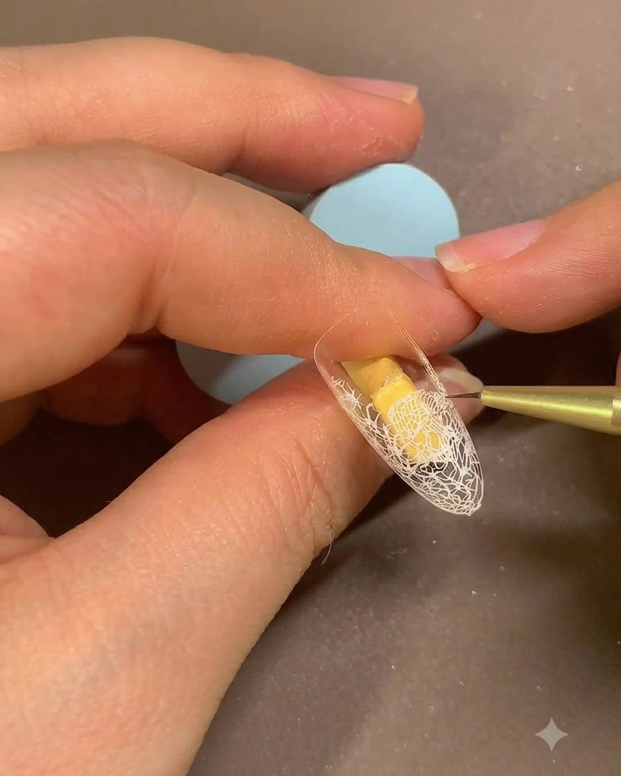 Un pennello sottile che livella il gel beige su una tip con pizzo bianco.