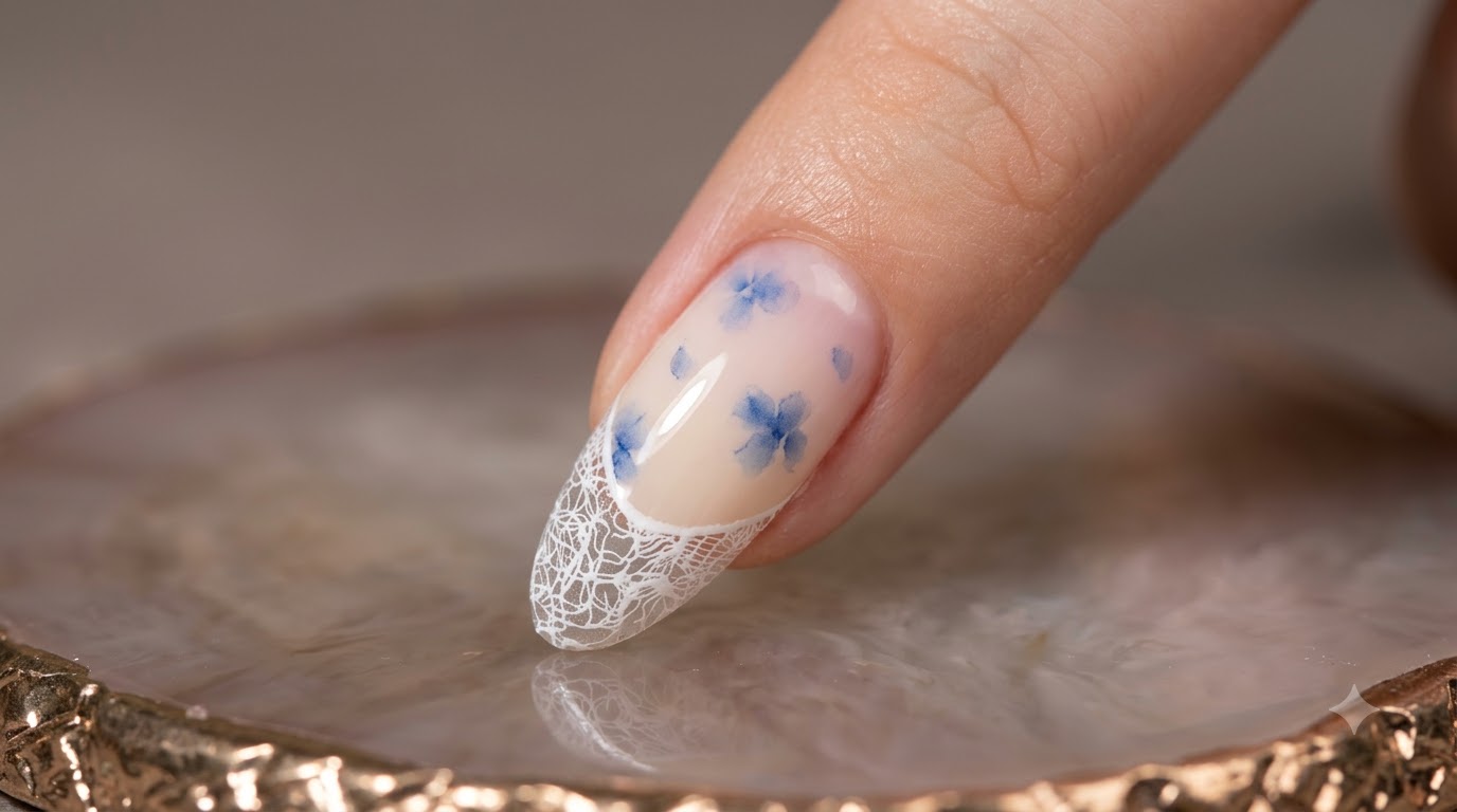 Nail Art Effetto Acquerello e Pizzo Blu — Tutorial per Principianti