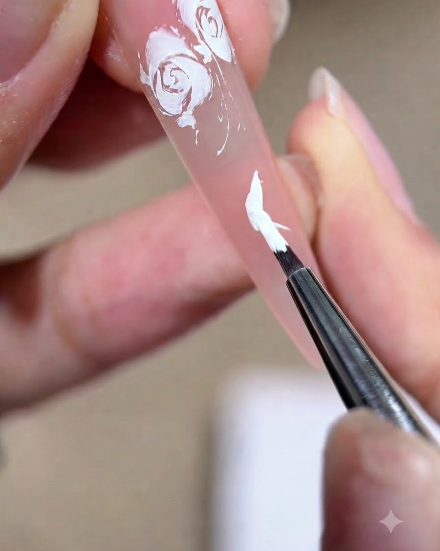 Primo piano di un pennello piccolo che modella un petalo in gel bianco su unghia nude.