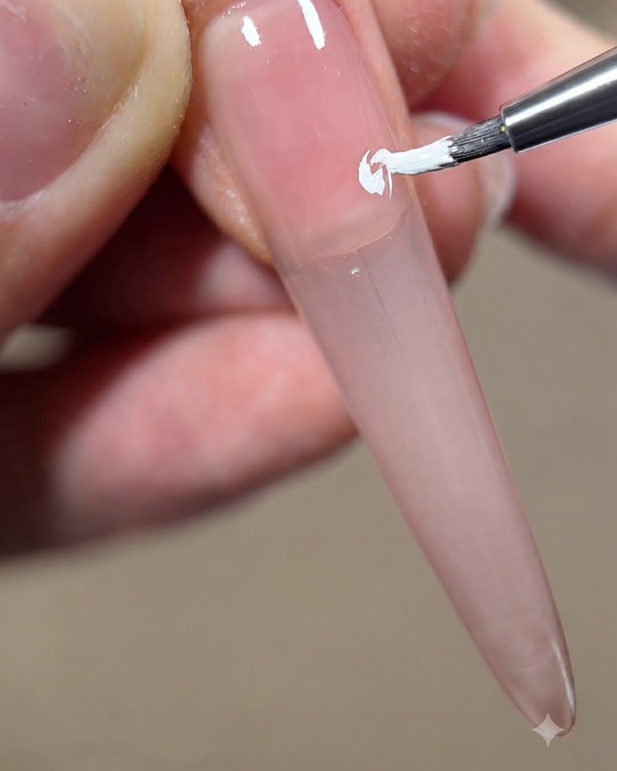 Primo piano dellapplicazione di una piccola pennellata di gel bianco al centro del primo strato.