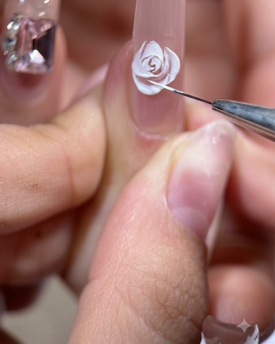 Un pennello liner che rifinisce un petalo bianco rivolto verso lesterno per riempire uno spazio vuoto.