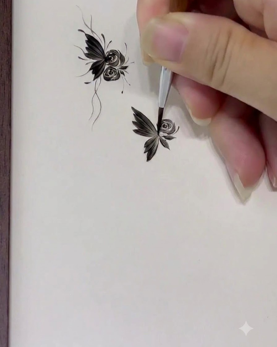 Un primo piano di un pennello che dipinge petali carnosi a forma di C attorno al design della rosa in crescita.
