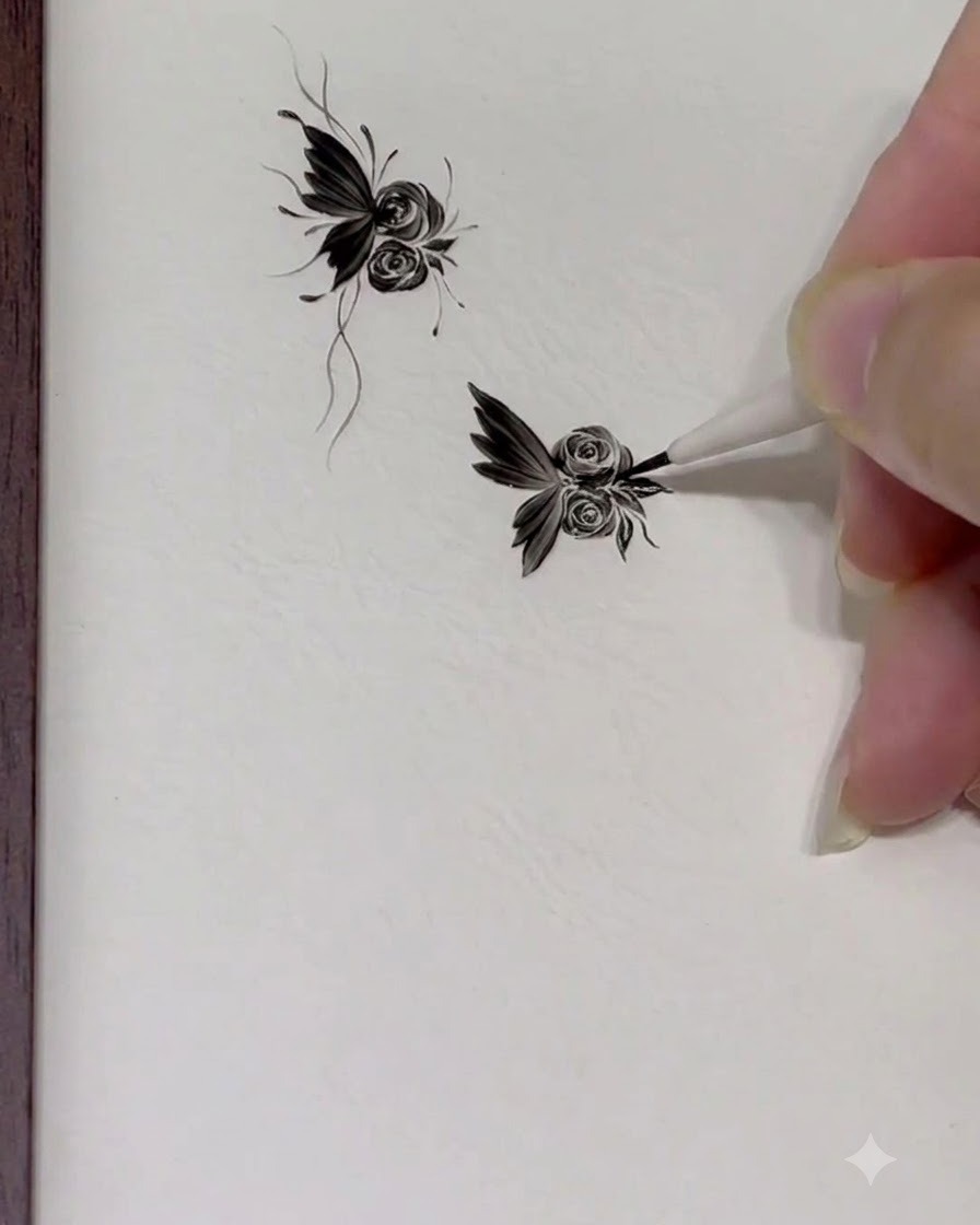 Un pennello fine che aggiunge delicati punti di accento e linee fluenti attorno al design completato di farfalla e rosa.