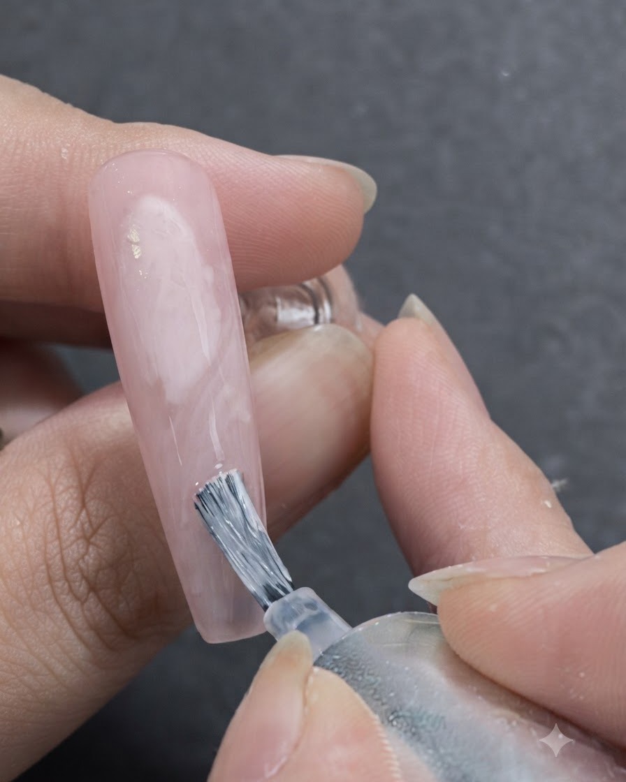 Un pennello da unghie applica il blooming gel bianco sulla base rosa trasparente, creando forme di nastro morbide e fluide.